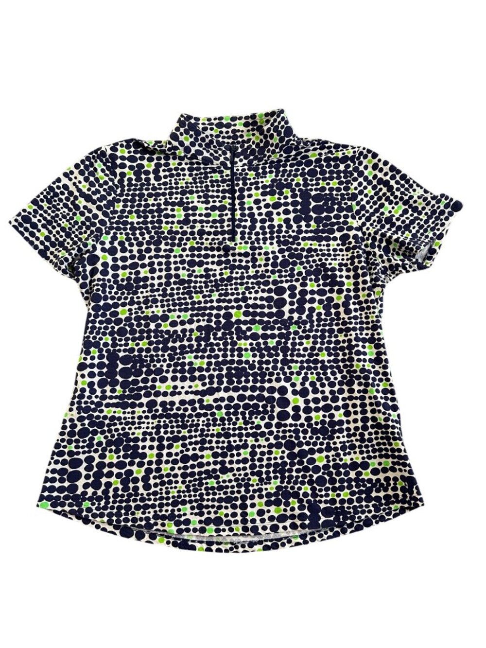 IBKUL Women's Sz XXL Navy & Green Polka Dot Short Sleeve Zip Mock Neck Top